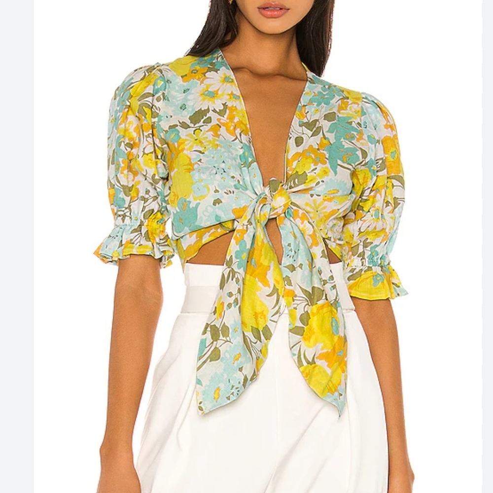 Faithfull the Brand Yellow and Blue Ruffled Puff Sleeve Blouse